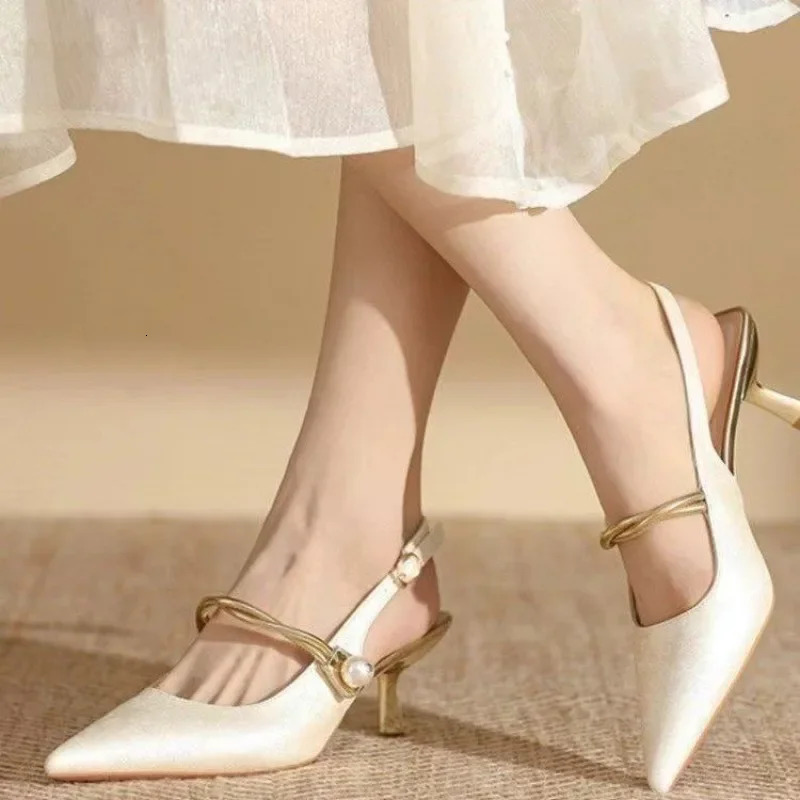 Summer Fashion Pointed Toe Pearl Shoes Womens Sexy Sandals High Heels Ping Pong Womens Shoes 241024