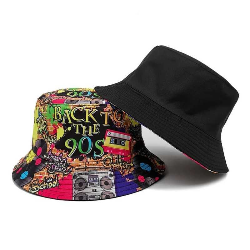80s 90s Vintage Fishing Hat for Women Men Breathable Colorful Print Cap Sun Protective Hat Double-side Hiphop Bucket HatX241025