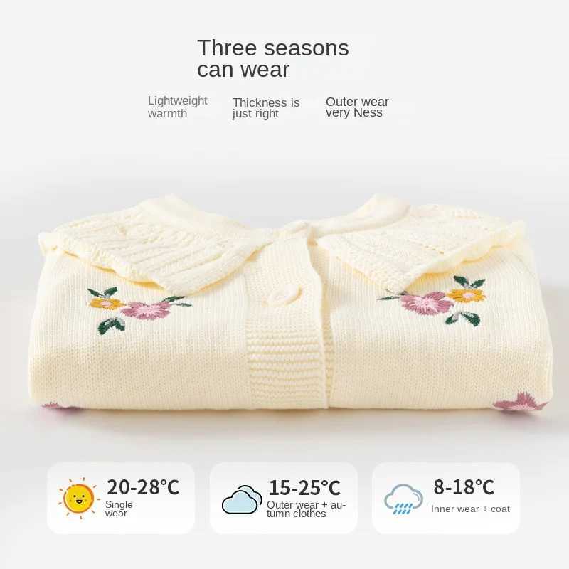 Autumn and winter childrens girls cardigan wool sweater cotton knitted flower embroidered lapel long sleeved baby girls sweater childrens girls coat W