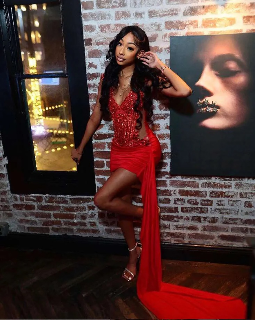 Red Sparkly Short Prom Homecoming Dresses with Side Train Diamond Crystal Birthday Party Gown vestidos de gala mujer