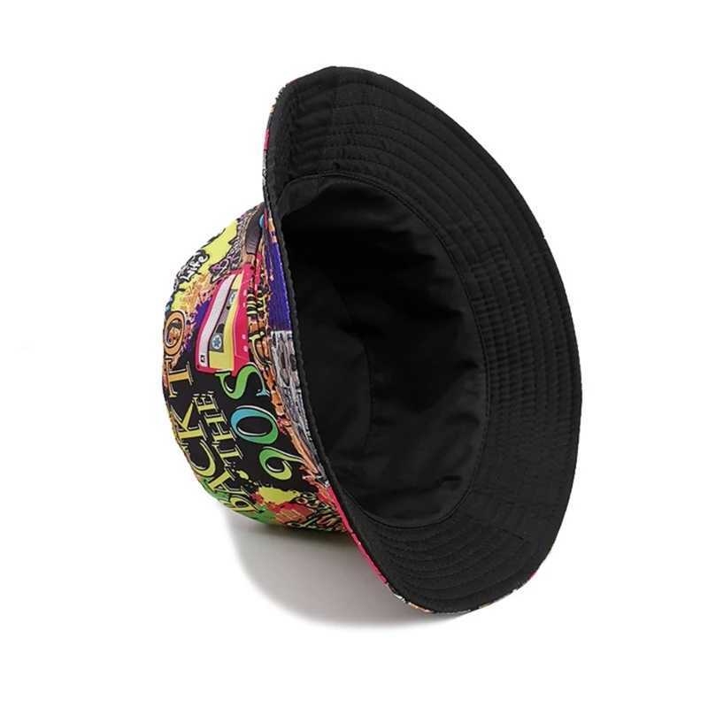 80s 90s Vintage Fishing Hat for Women Men Breathable Colorful Print Cap Sun Protective Hat Double-side Hiphop Bucket HatX241025