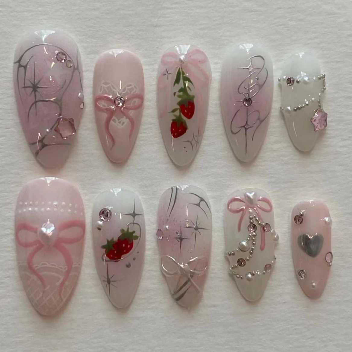 24Pcs Med-length Almond Fake Nails Small Fresh Sweet Acrylic False Nails with 3D Bow Pearls Wearable Artificial Nails with GlueXJ241025