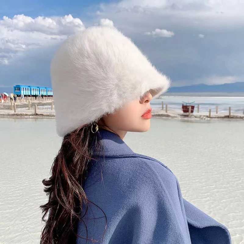 Autumn Winter New Rabbit Fur Bucker Hat for Women Rabbit Fur Korean Versatile Warmth Soft Fisherman Cap Japanese Plush Basin HatX241025