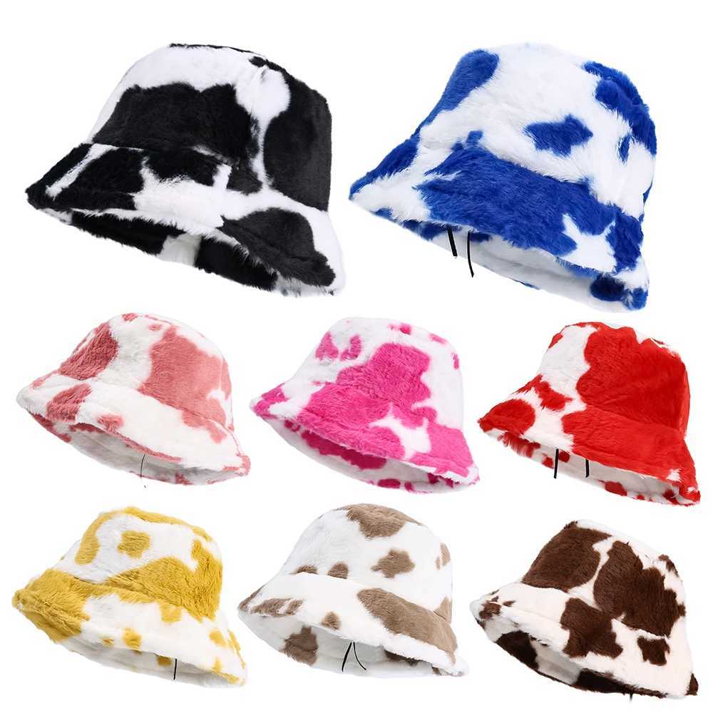 Winter Plush Cow Print Women Bucket Hat Fluffy Faux Fur Panama Fisherman Cap Outdoor Warm Fashion Furry Female Flat SunbonnetX241025