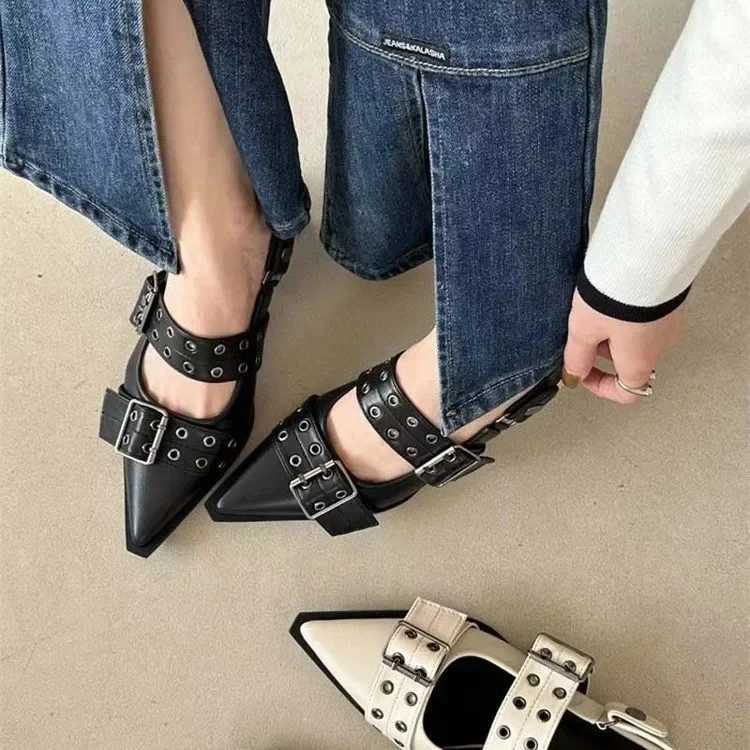 High Quality Slingback shoes Gothic thick high heels womens pump street style mid high heels punk retro casual sandals spring/summer T241024