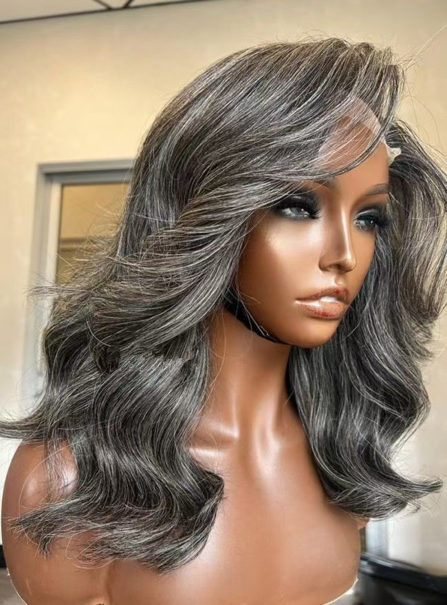 Trendy limited design 100%human hair color salt&pepper side part glueless 5x5 real invisible lace closure wig bob style 13day