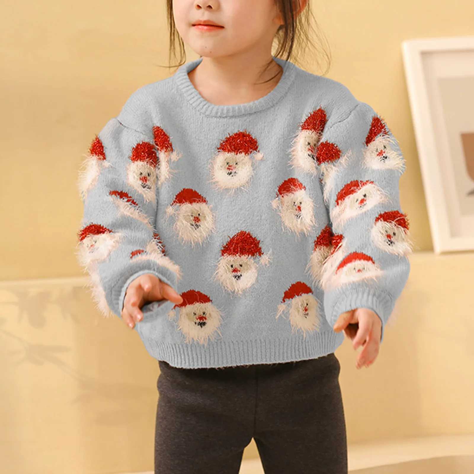 Childrens Christmas Knitted Sweater Cute Santa Claus Head Pattern Crewneck Pullover Sweater Childrens Winter Warm Wool Jumper Coat W241025