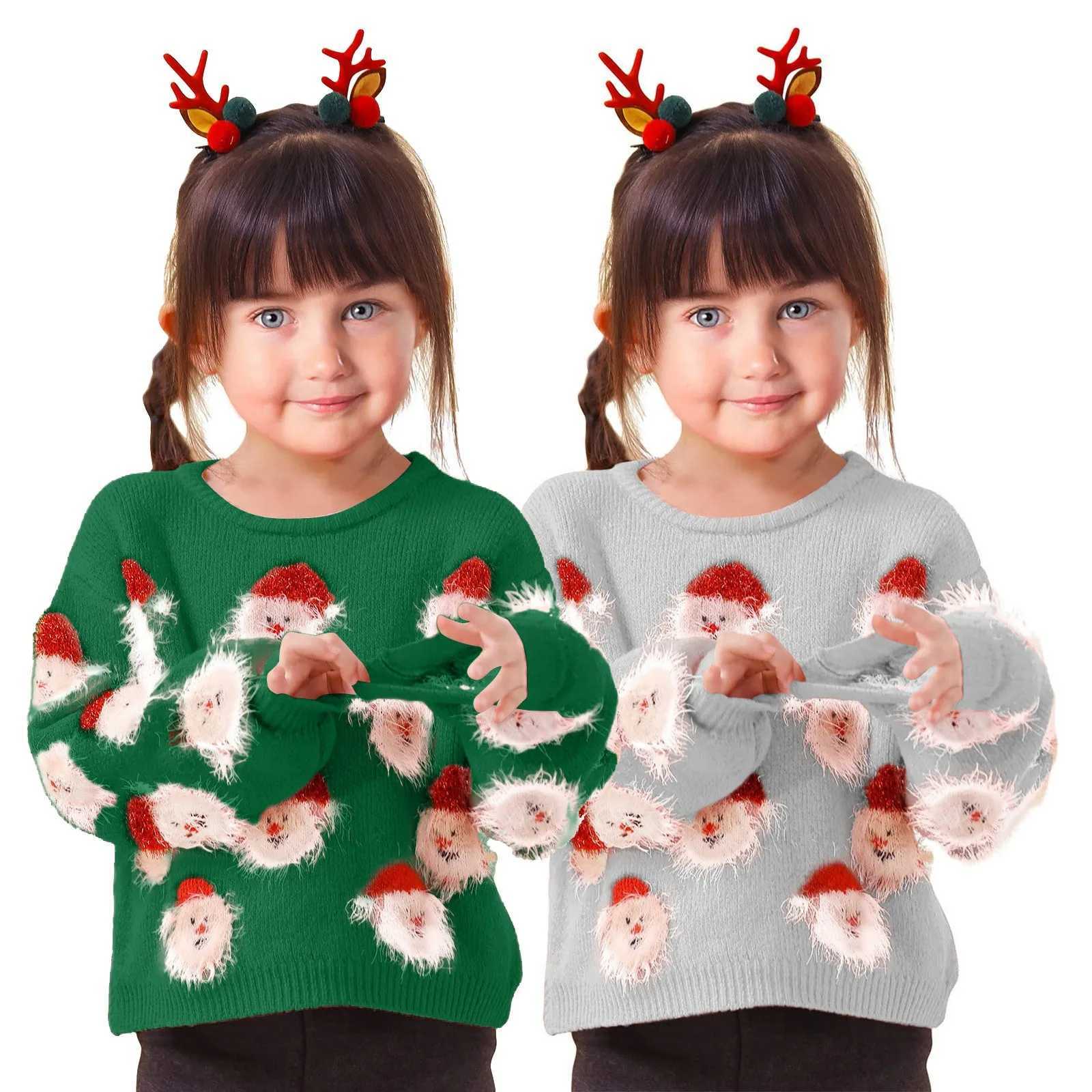 Childrens Christmas Knitted Sweater Cute Santa Claus Head Pattern Crewneck Pullover Sweater Childrens Winter Warm Wool Jumper Coat W241025