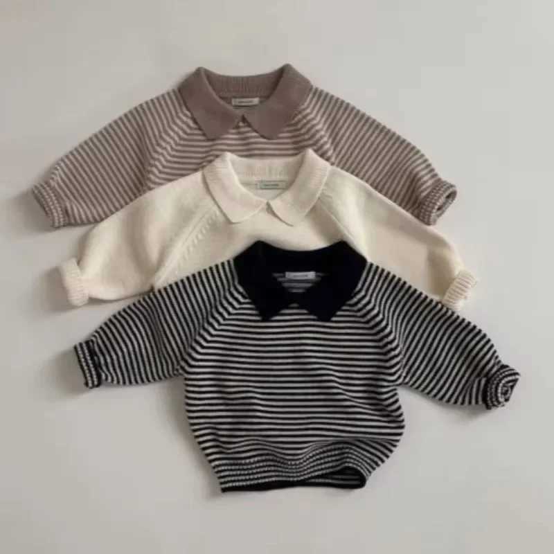 Childrens autumn thick striped warm sweater top for boys and girls long sleeved knitted for children winter polo knitted for children W241025