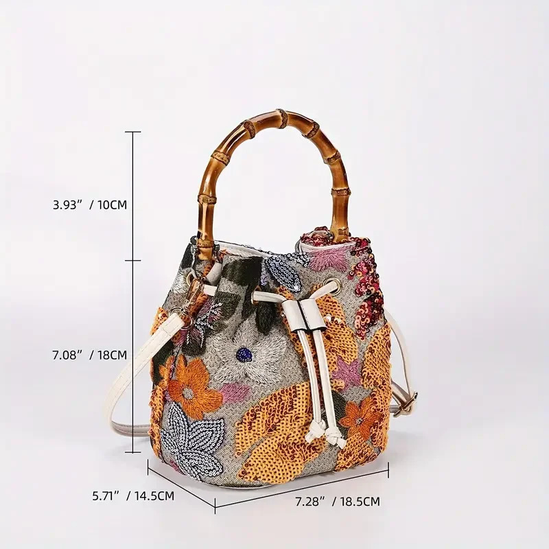 Fashion Sequin Embroidery Bucket Bags Baboom Handle Women Handbags Flower Straw Shoulder Crossbody Sumer Beach Tote Bag 241021