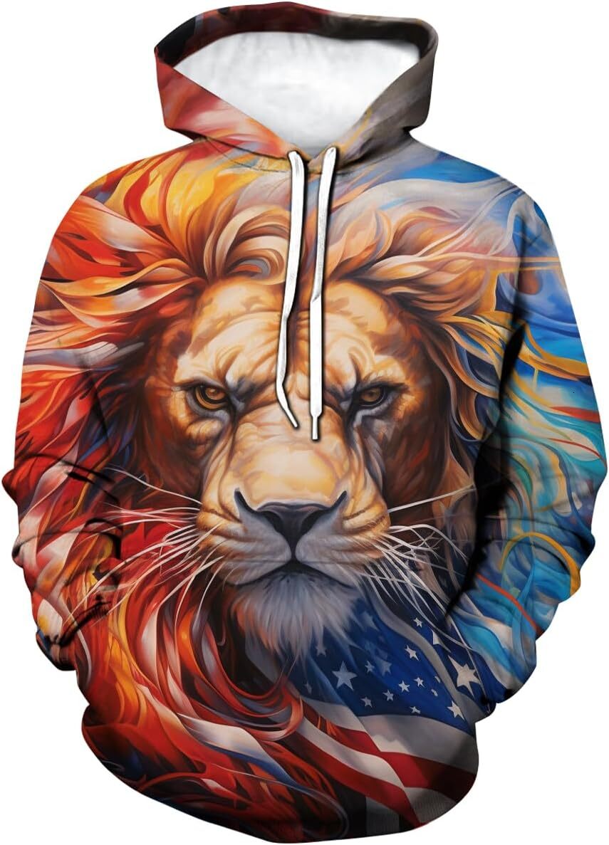 Hoodie for Mens Womens Mens 3D Lion Print Hoodie - Patriotic Theme, Animal Graphic Sweatshirt Graphic Hoodies sweatshirt Fashionable and Warm