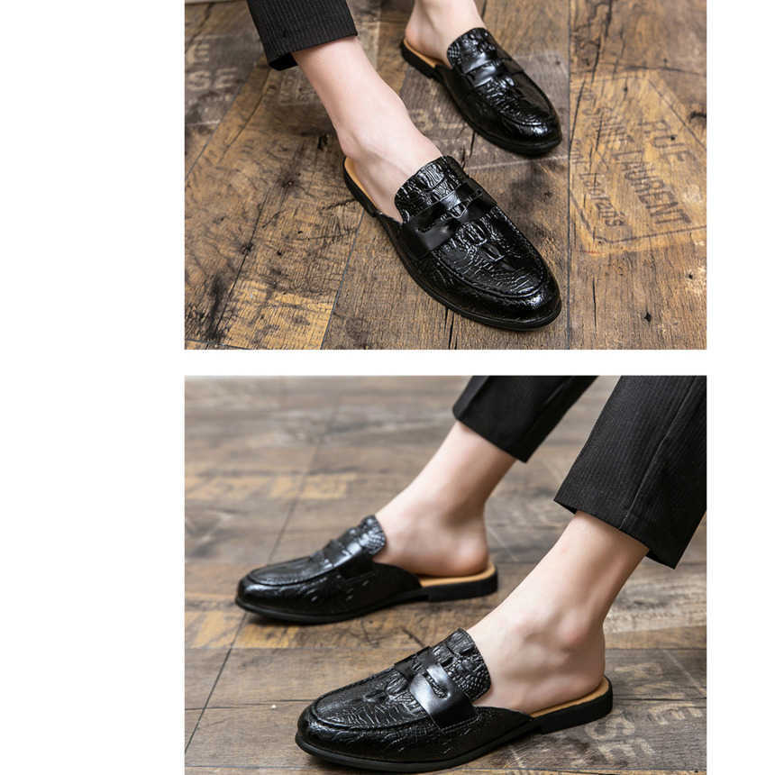Men Dress Shoes Summer Mens Breathable Casual Shoes With Headless Half Slippers Leather Shoes British Style Crocodile Pattern Lazy Shoes Small Mens Sh