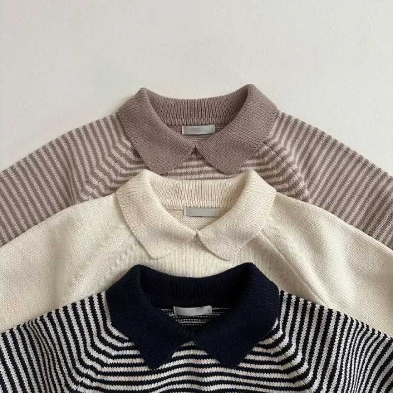 Childrens striped sweater autumn lapel pullover sweater boys and girls cotton loose top baby soft knit dress W241025