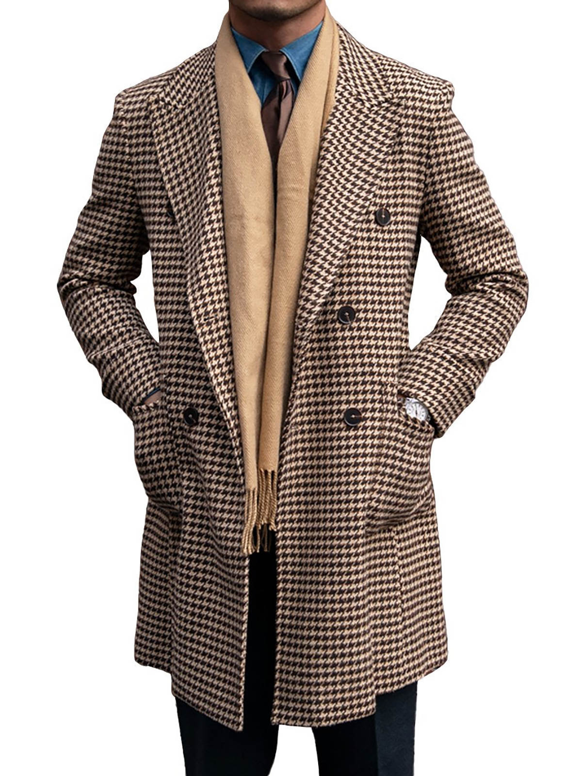 Vintage Men's Overcoat Peaked Lapel Tailored Wool Blend Jacket Blazer Houndstooth Autumn Winter Double Breasted Plus Size Windbreaker Custom Made