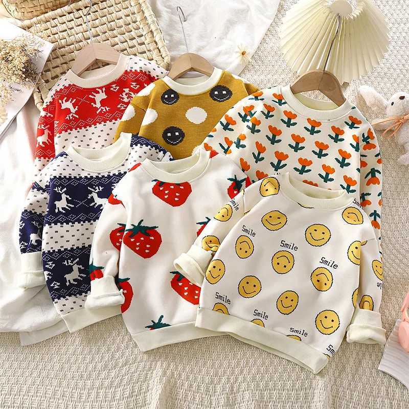New baby girl boy cartoon knitted sweater for autumn and winter childrens plush thick knitted floral top childrens casual sweater W241025