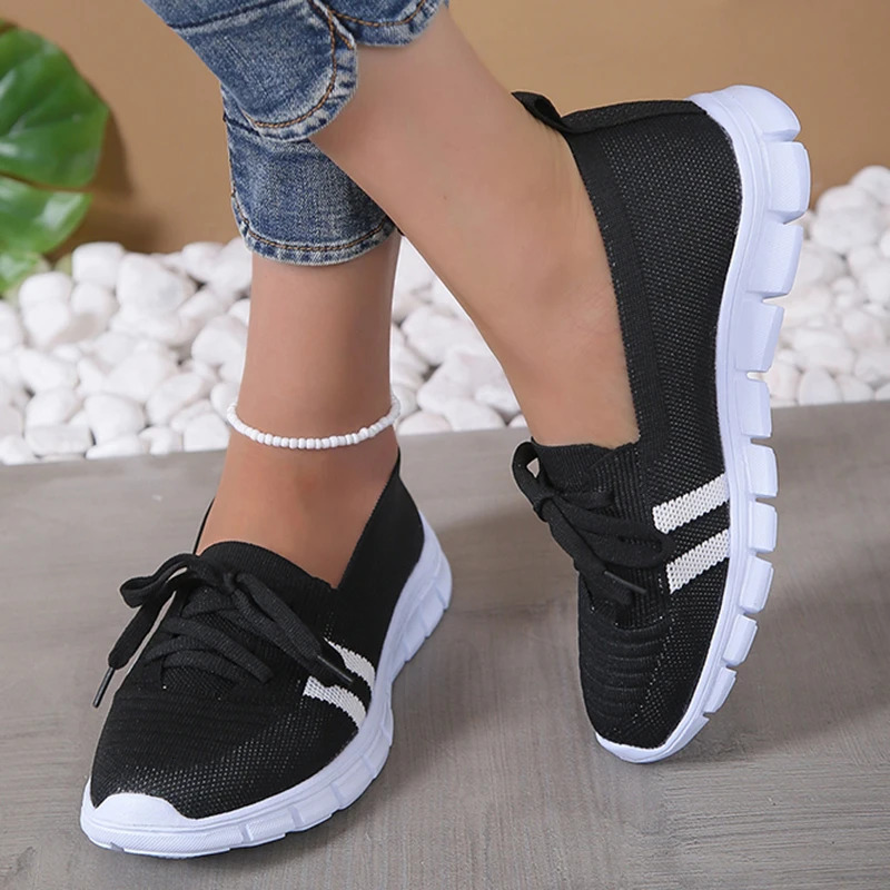 Mesh knit striped flat shoes for women 2024 summer lace up casual sports shoes for women breathable soft sole Loafers Plus size 43 241024