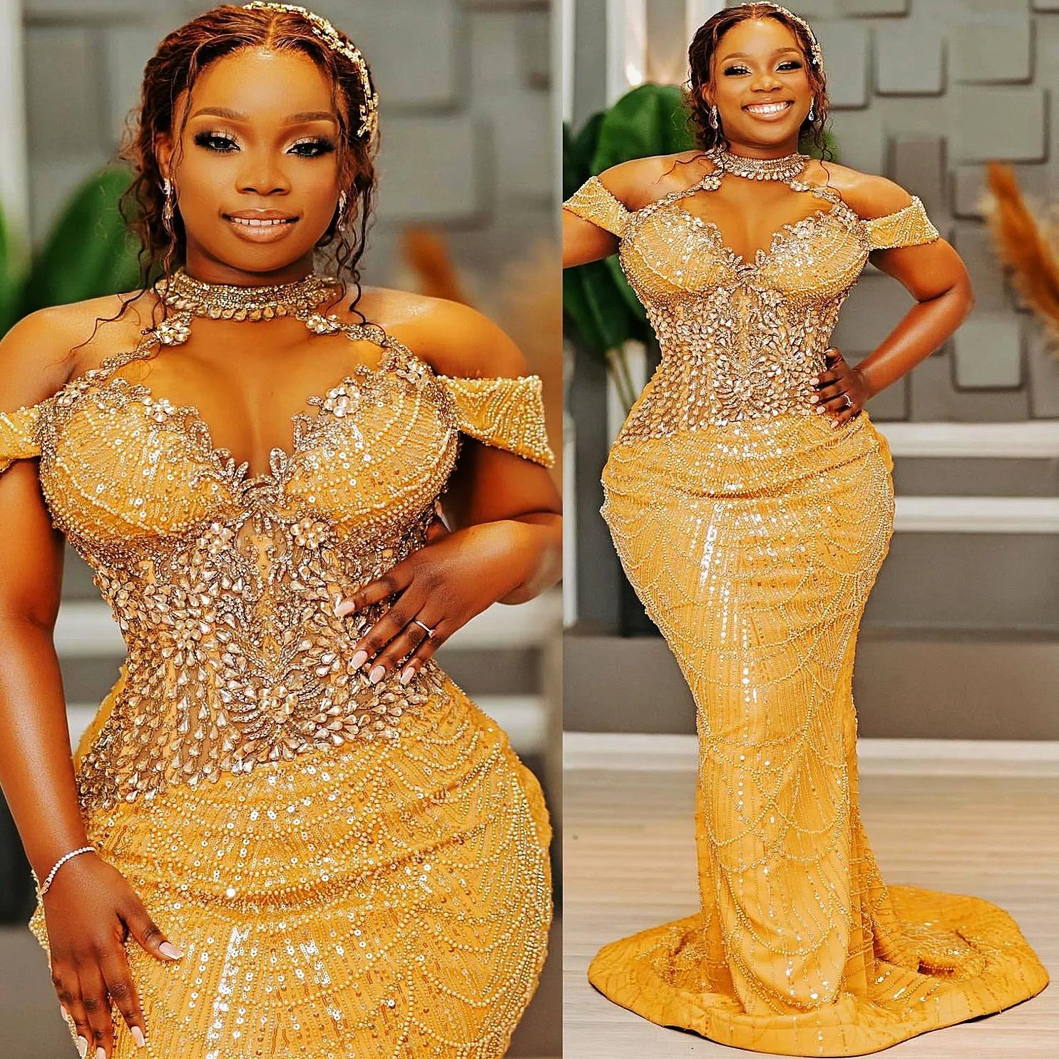 Aso Ebi 2024 Gold Evening Dresses for Special Ocns Sheer Neck Illusion Long Sleeves Beaded Sequined Lace Pearls Birthday Dress Second Reception Gowns 