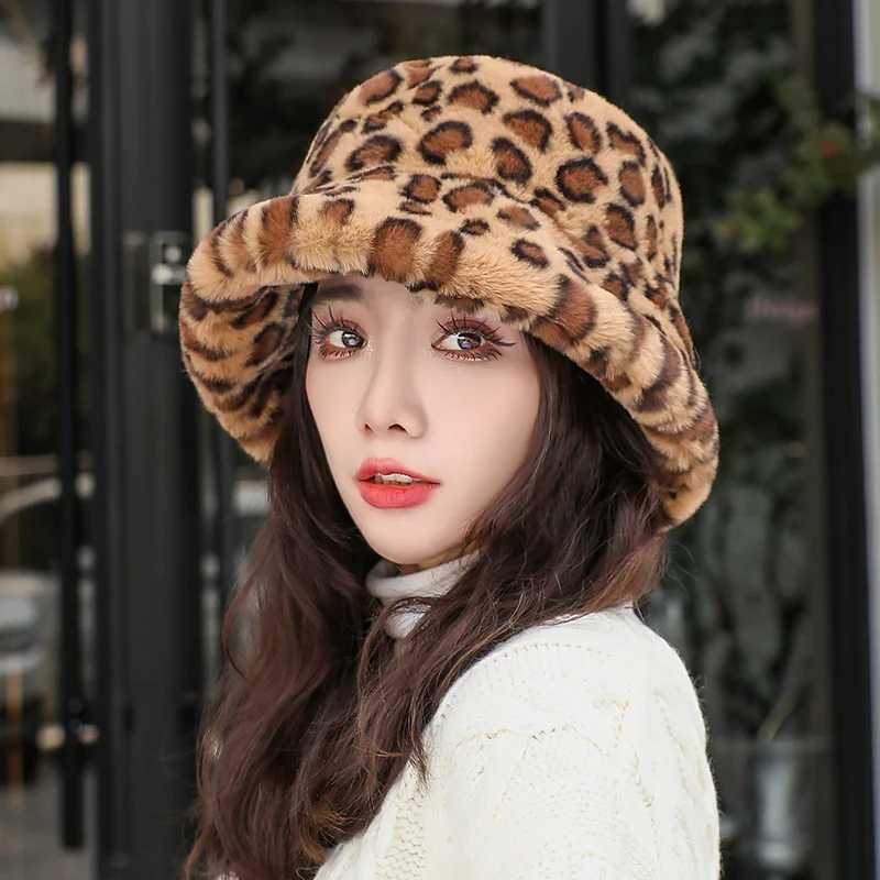 Hat Fluffy Faux Fur Bucket Women Cap Rabbit Fur Warm Thick Plush Winter Leopard Hat Lady Y2k Luxury Fashion Party Fisherman CapX241025