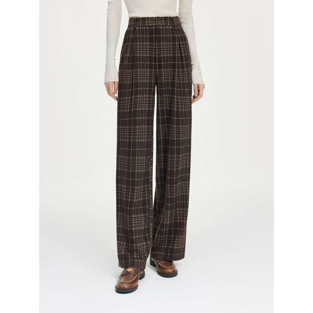 FSLE Office Lady American Retro Plaid Casual For Women Brown 2024 Autumn Winter New Straight Leg Pants 24Fs14560