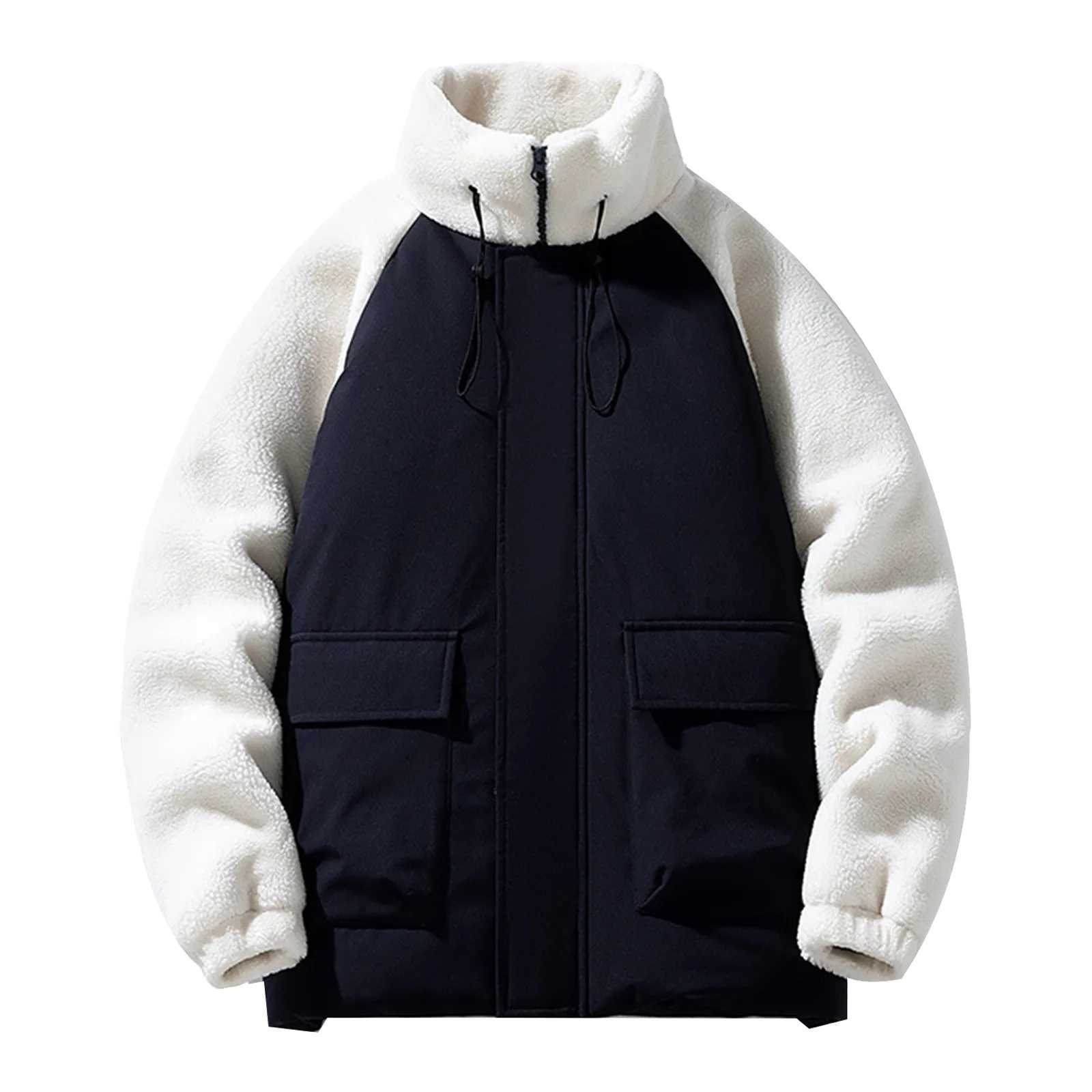 Mens winter down jacket zipper lamb wool cotton padded jacket splicing frame collar long sleeve fashionable thick jacket W241024