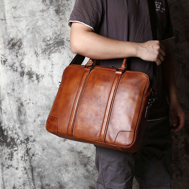 retro handmade mens handbag top layer cowhide briefcase vegetable tanned leather horizontal business computer bag
