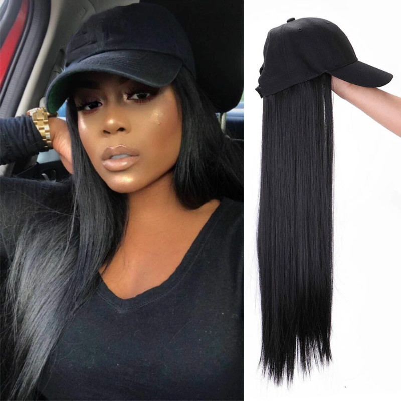 Hat wig female one-piece black long straight hair European and American new simulation long hair