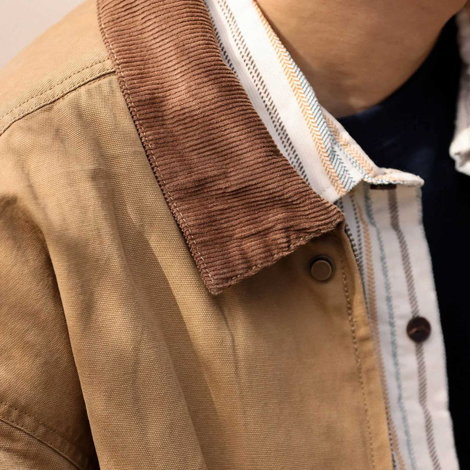 2024 canvas jacket mens retro style lapel long sleeved cotton jacket Japanese fashion outdoor coat autumn mens lightweight jacket W241024