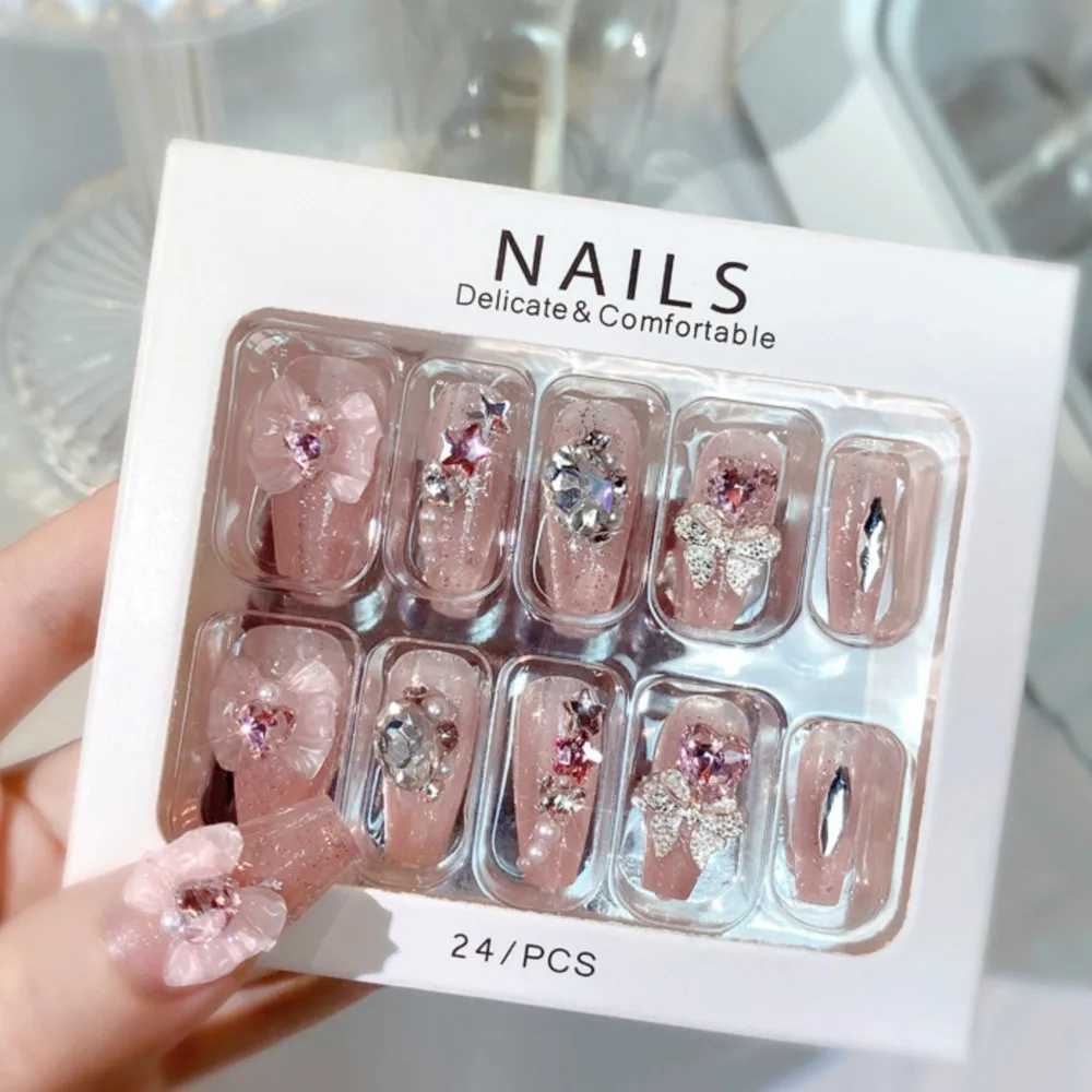 24Pcs Acrylic Handmade Press on Nails Medium Ballerina Fake Nails with Butterfly Rhinestone Wedding False Nails Party for GirlsXJ241025