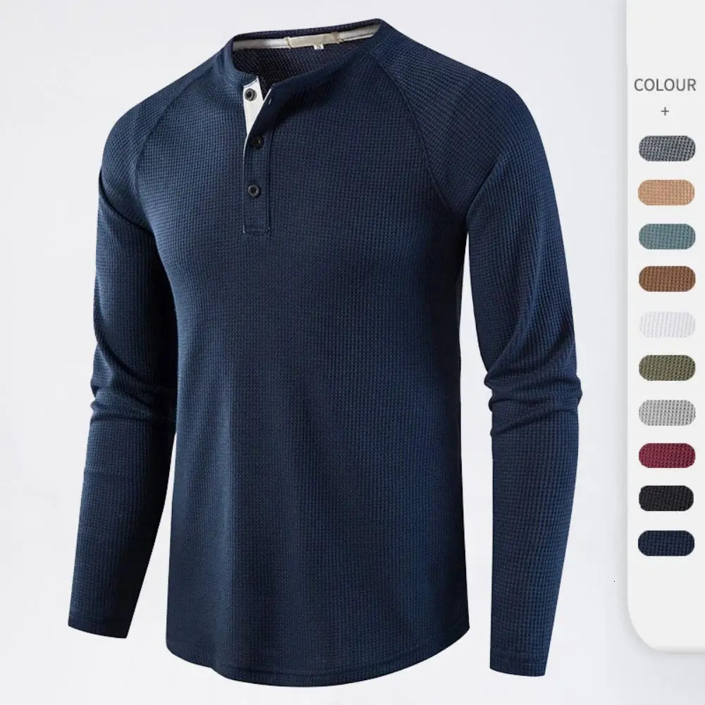 Mens Grey Waffle Mens Henley Shirt Casual Solid Breathable High Quality Shirts Regular Fit Long Sleeve Basic Tops Tees Homme 241024