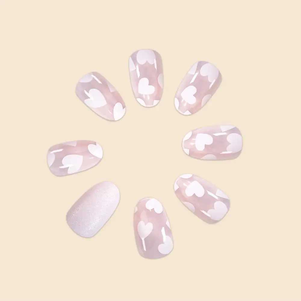 24Pc Short Oval Milky White Small Heart Glitter Powder Full Coverage Wearable Girls Women Nail Art Fake Nails SetXJ241025
