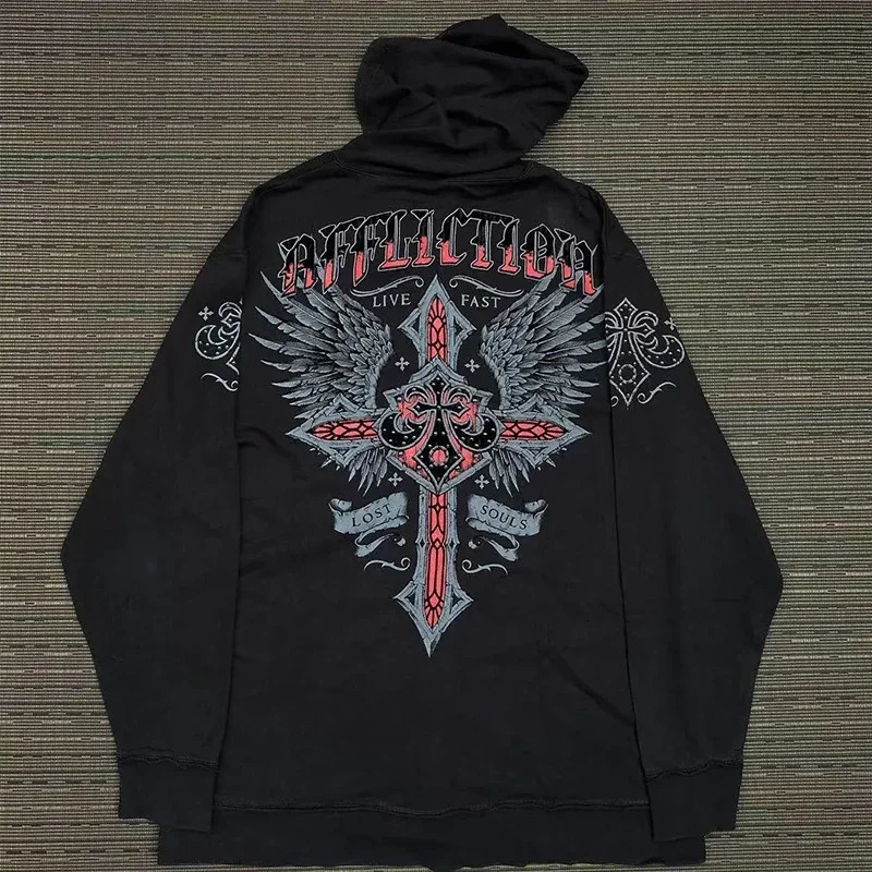 Man Hoodie American Retro Gothic Print Pullover Sweaters Men Y2K Street Leisure Trend Joker Sweater akatsuki Fashion Loose 241029