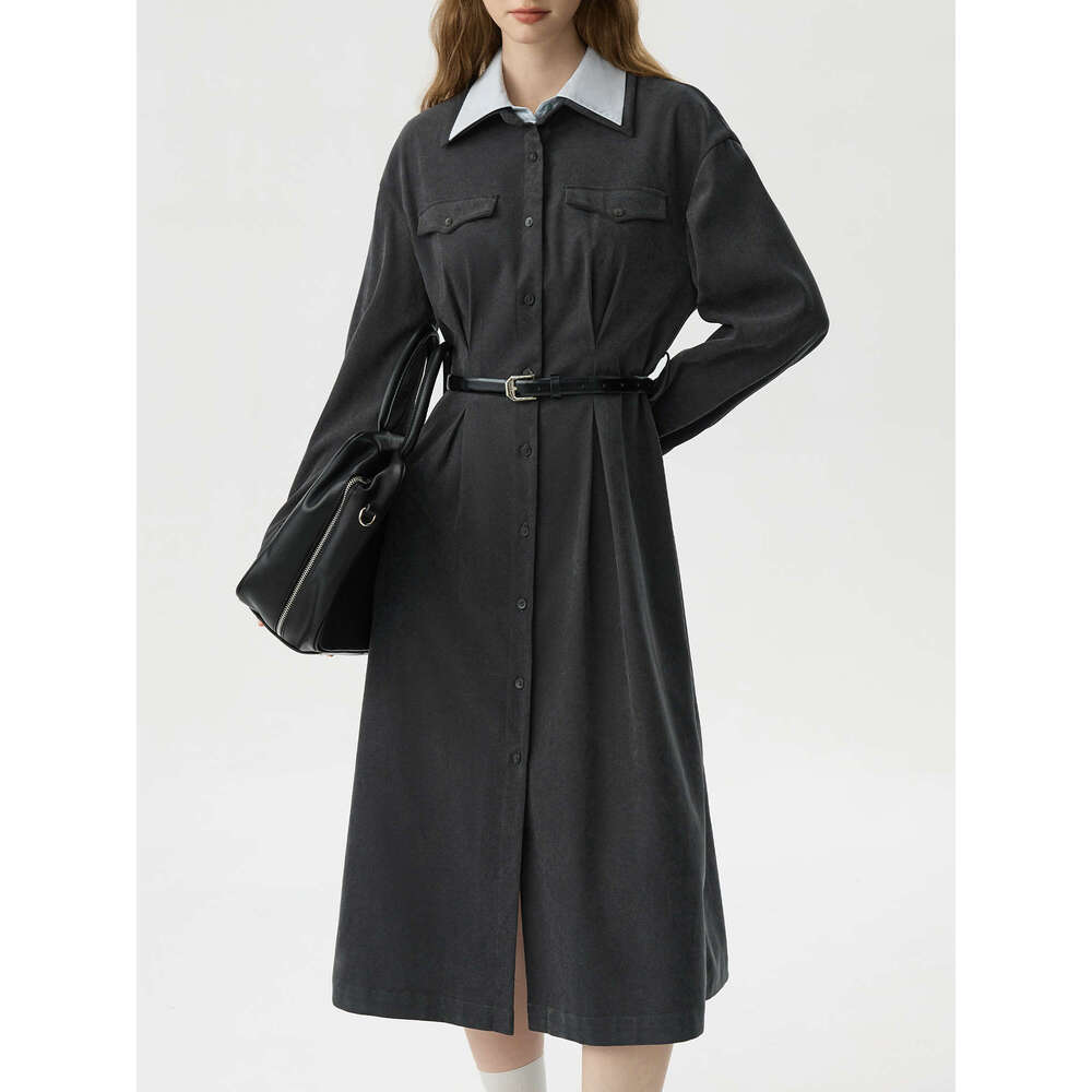 FSLE Women Winter Dress Fake Two Piece Patchwork Design Female Thicken Long Sleeve Dresses With Sashes 24Fs14613