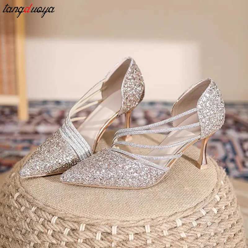 High Quality Sexy Pointed Toe Pumps Womens Luxury Shiny Crystal High Heels Elegant Slim High Heels Sier Wedding Party Shoes Womens Dress Shoes T241024