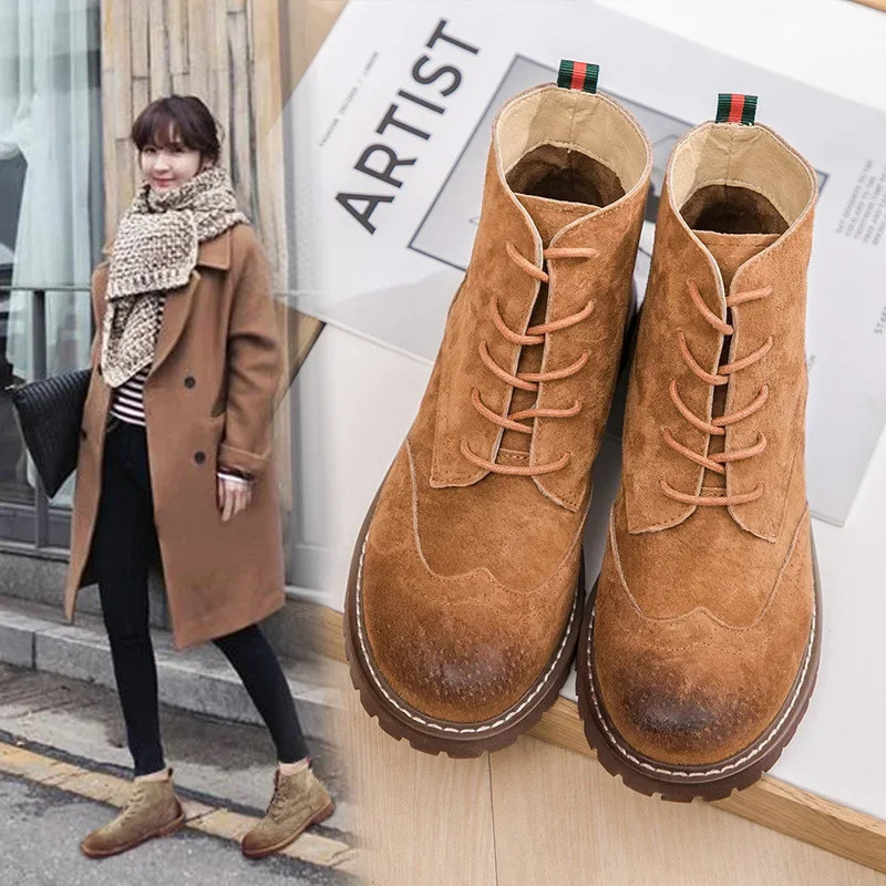 Matte leather womens shoes genuine leather womens short boots suede ankle boots British lace retro trend womens nude boots 241024
