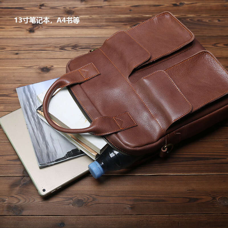 New Retro Leather Men's Handbag Top Layer Cowhide Vertical Single Shoulder Messenger Postman Briefcase Computer Bag