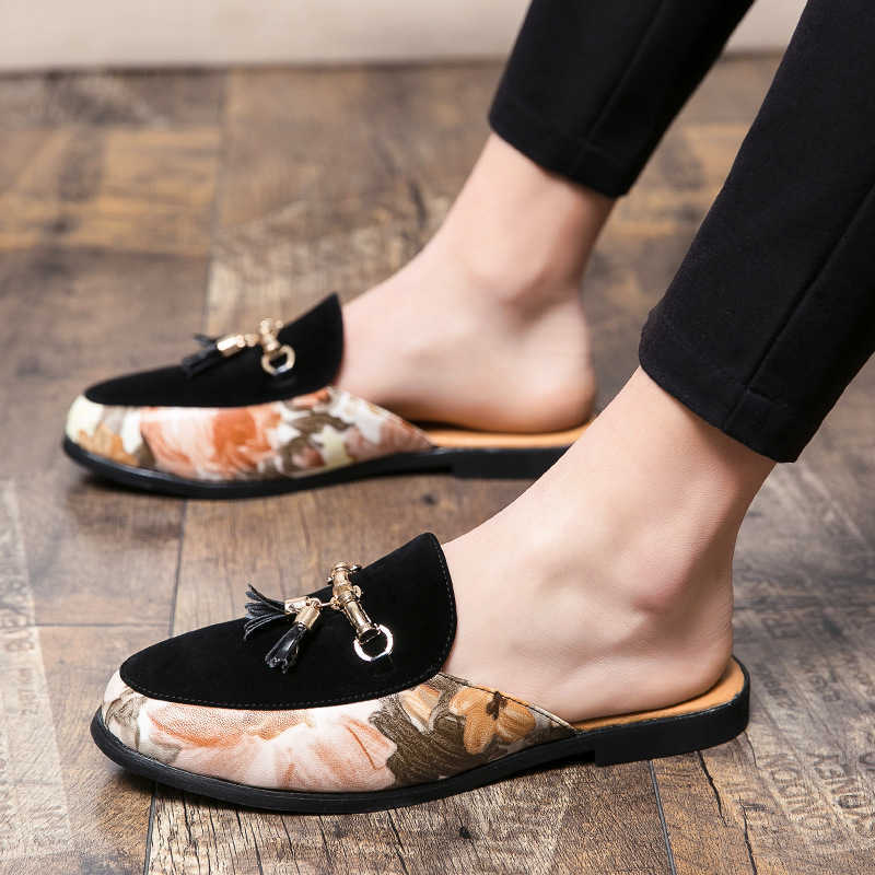 Men Dress Shoes Summer Breathable Half Slippers Mens Korean Version Casual One Foot Lazy Cool Slippers Bean Shoes Small Leather Shoes 241009