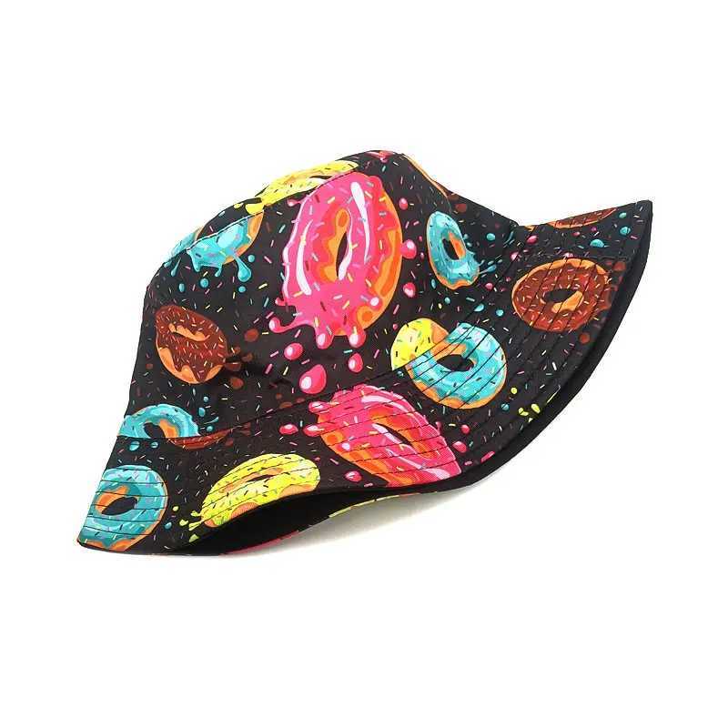 2023 Four Seasons Cotton Cartoon Donuts Print Bucket Hat Fisherman Hat Outdoor Travel Sun Cap for Men and Women 226X241025