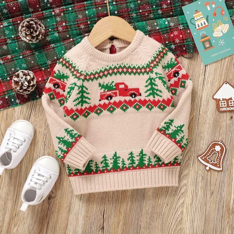 Baby boy Christmas sweater long sleeved round neck truck print knit baby skydiving top autumn and winter clothing W241025