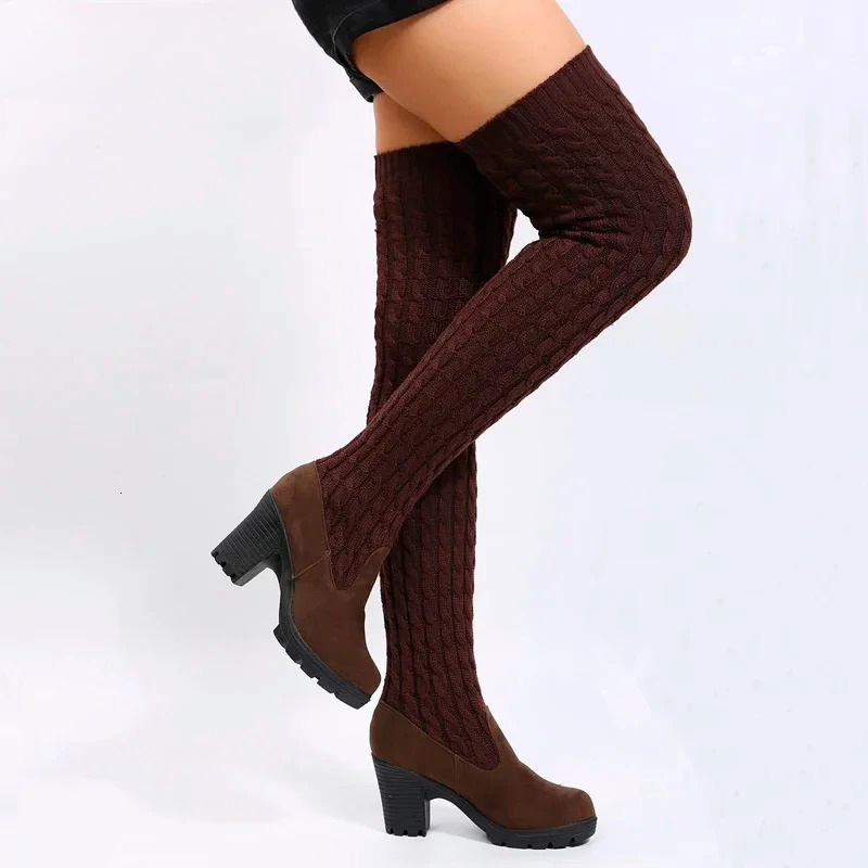 Womens boots spring and autumn thick boots womens knitted boots knee boots elastic boots sock wedge boots 250225