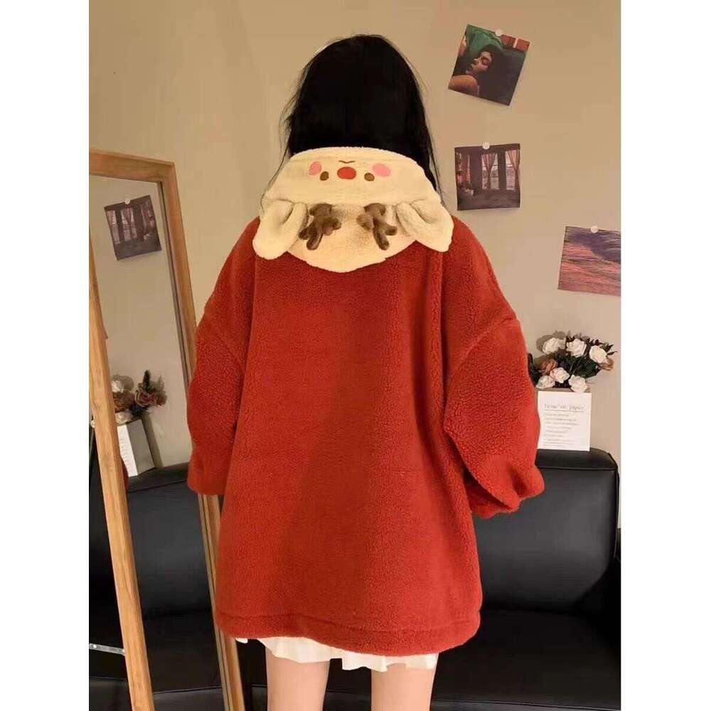 2023 Christmas New Cute Elk Hooded Sweatshirt Autumn Winter American Contrasting Loose Lambswool Hoodie Winter Clothes Women