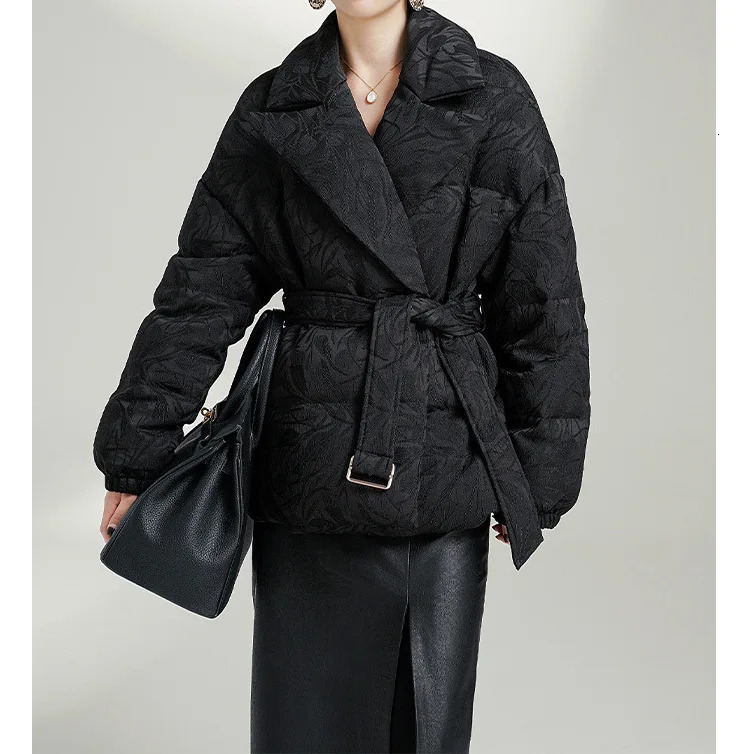 High end down jacket with dark color pattern and waist white high-quality down jacket 241024