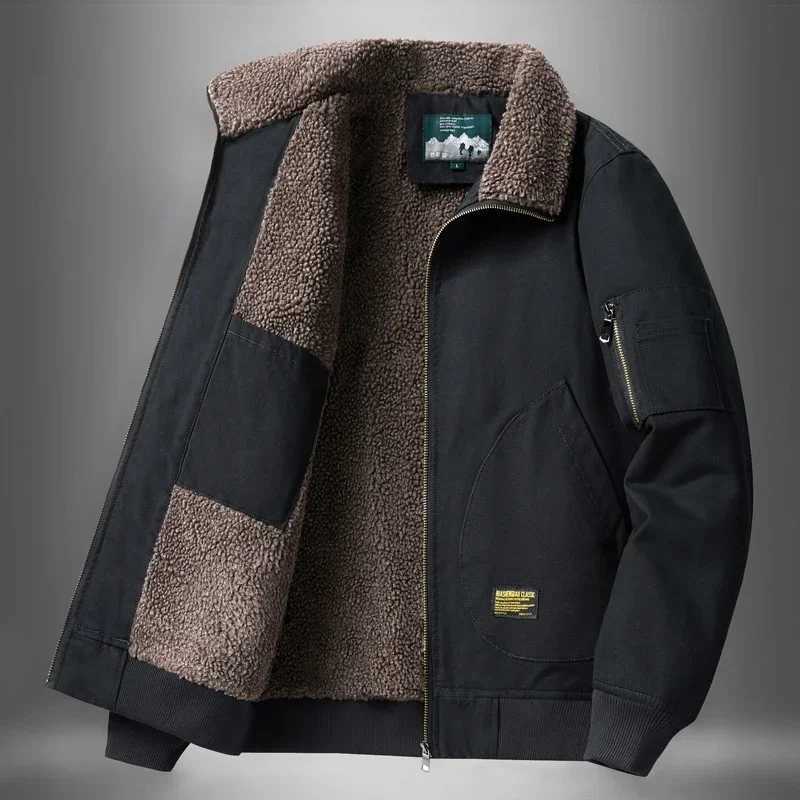 Mens wool jacket autumn solid color Flce workwear plus size outdoor travel collar jacket mens warm cotton clothing W241024