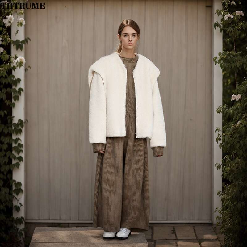 Elegant Fleece Autumn Jackets Fashion Women Solid Long Sleeve V-Neck Zipper Loose Coats Casual Streetwear Wool Thick New Jacket