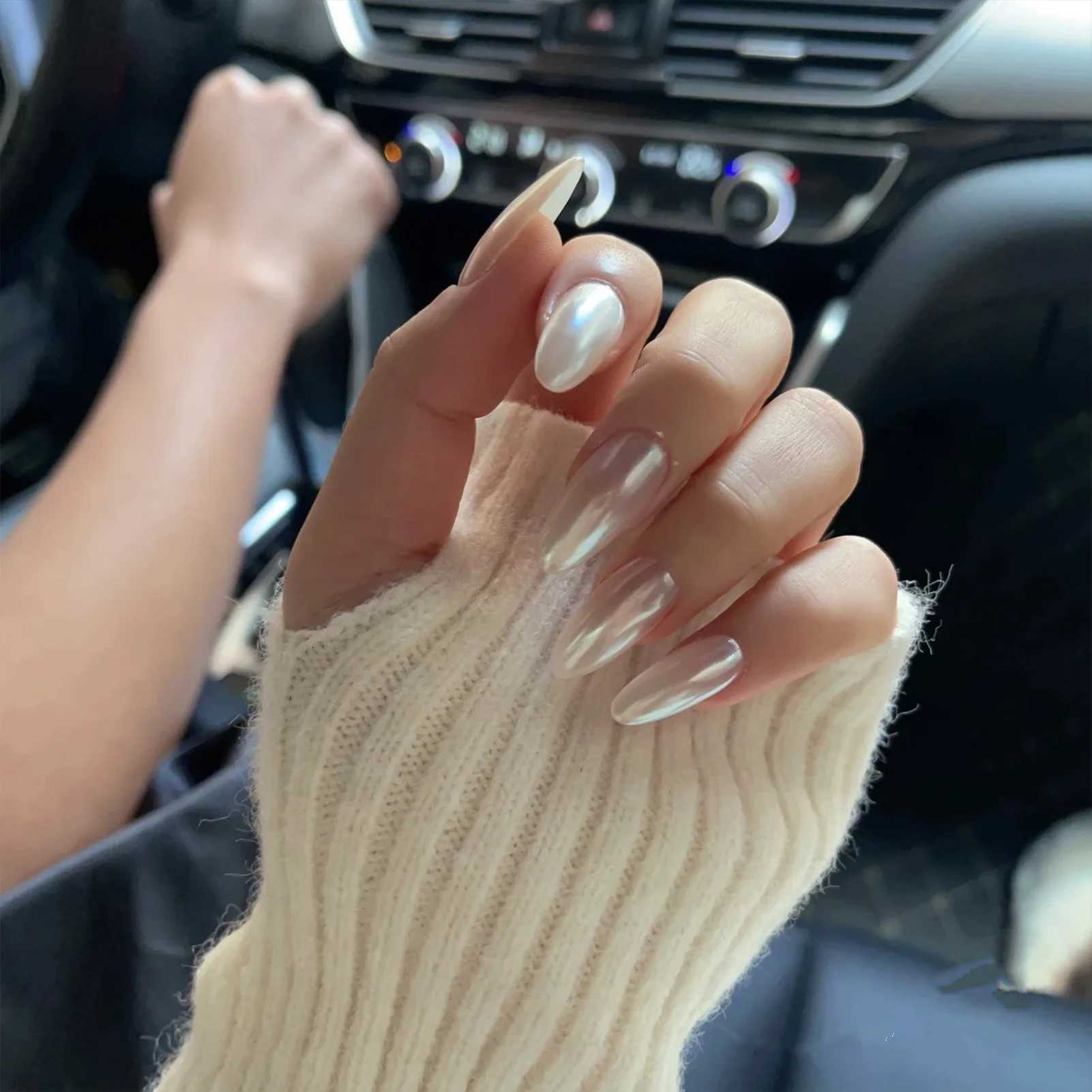 24pcs Long Almond Shape Fake Nails Press On Nail Tips Full Cover Finished Transparent False Nails With White Pearlescent DesignsXJ241025