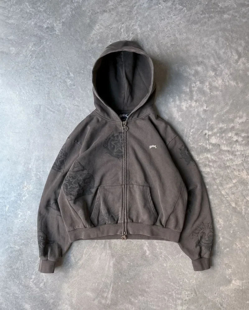 Cartoon Print Fashion High Street Retro Versatile Zipper Hoodie Men Y2k Harajuku Goth Punk Hip Hop Rock Oversized Sweatshirt 241021