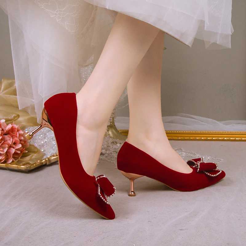 High Quality Spring/Summer New Rhine Bow Red Bridal High Heels Womens Pointed Slide Pump Large Wedding Shoes T241024