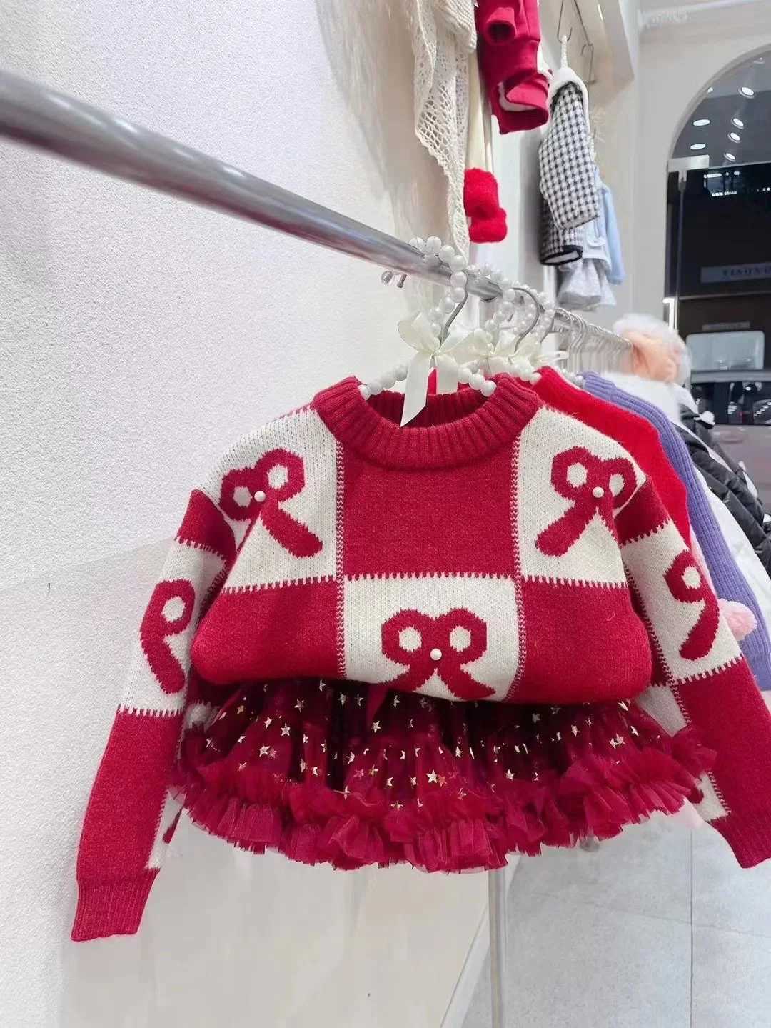 Girls Red Sweater Thickened 2024 Autumn/Winter New Childrens Knitted Childrens Christmas Thread Clothing W241025