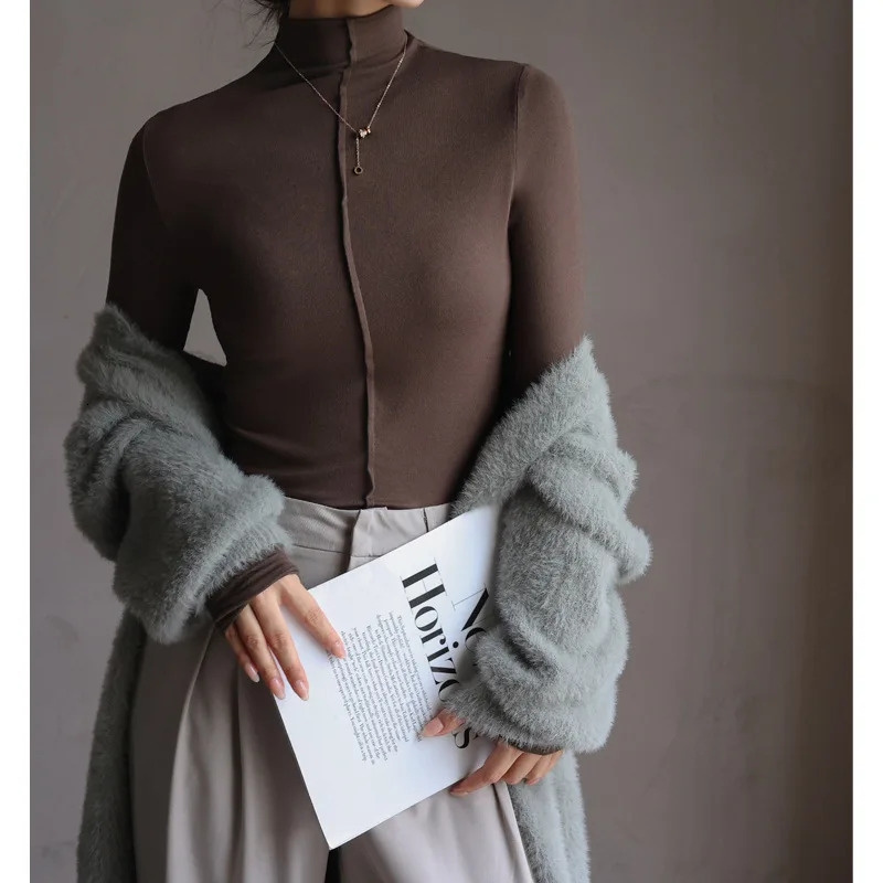 Korea Stylish Autumn Womens T-Shirts Modal Layering Base Patchwork Full Sleeve Winter Slim Elegant Tops Female Blouse C5405 241024