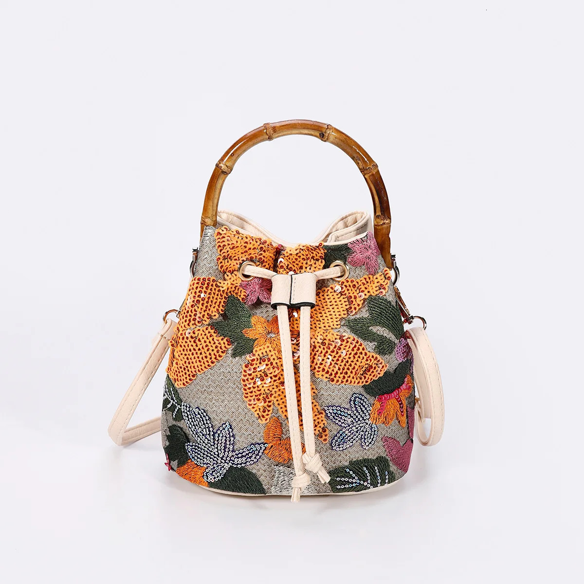 Fashion Sequin Embroidery Bucket Bags Baboom Handle Women Handbags Flower Straw Shoulder Crossbody Sumer Beach Tote Bag 241021