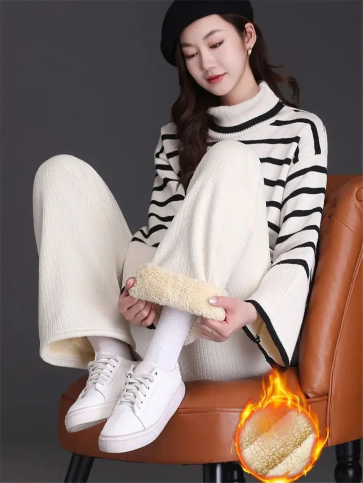 ThinThick Winter Lined Wide Leg Pants CasualThicken Warm Baggy Sweatpants Women HighWaist Korean Lamb Fluff Straight Pantalones 241024